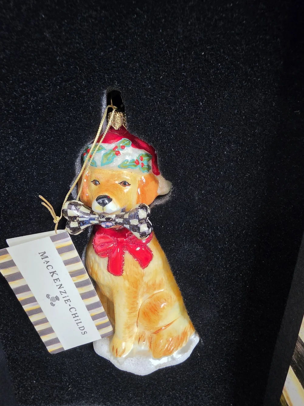 MacKenzie-Childs Golden Retriever Glass Christmas Ornament Courtly Check Boxed